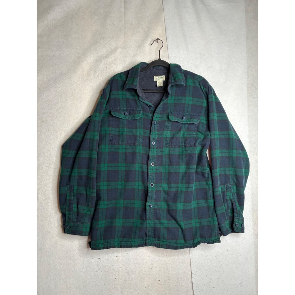 LL Bean Mens Fleece Lined Flannel Shirt Jacket Green Blue Plaid L-REG 250393